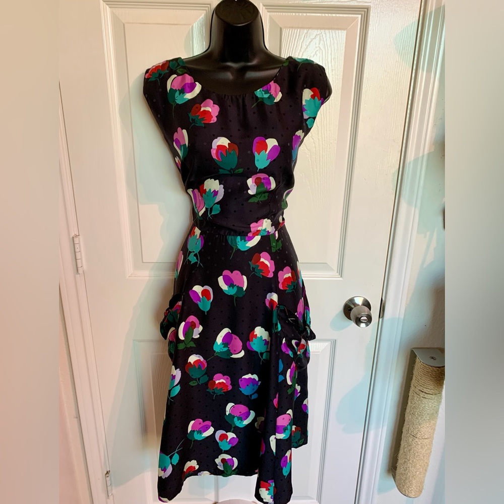 Satin black floral midi dress